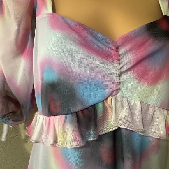 Topshop Floral Spray Paint Pink and Blue Mini Tea Dress with Ruffled Sleeves - Picture 4 of 9